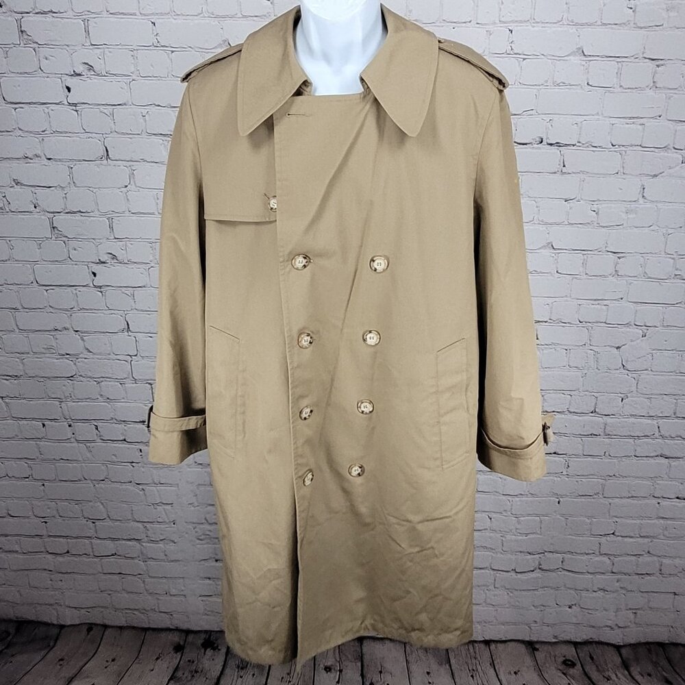 VTG Clipper Mist Tan Double Breasted Removable Faux Fur Liner Trench Coat 40R